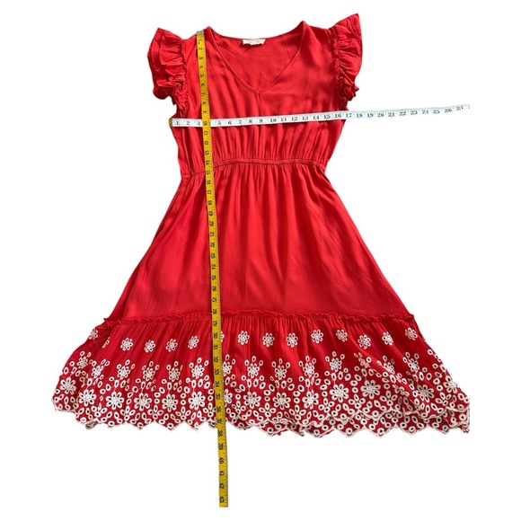 Solitaire Size M coral orange red eyelet floral dress with ruffle sleeves - Picture 12 of 12